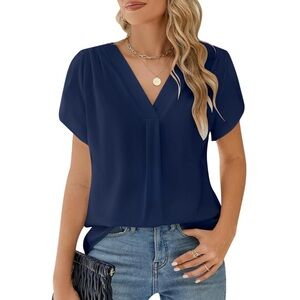 NWT Navy V-Neck Blouse Short Sleeve Top